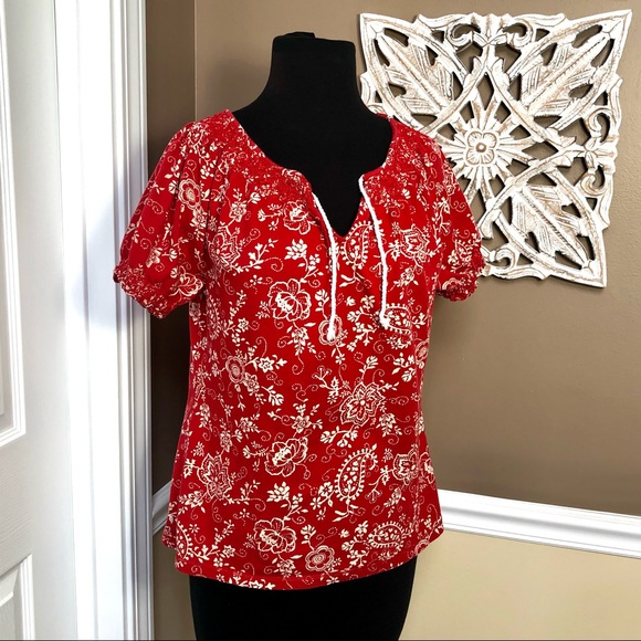 ⭐️ Lauren Jeans by Ralph Lauren Red Blouse White Floral Print with Tie - MEDIUM - Picture 3 of 12